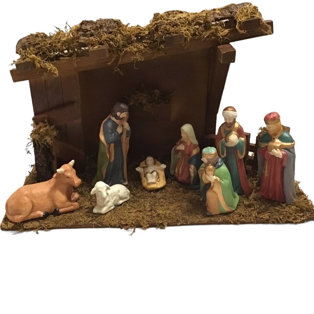 Vintage Trim Shoppe 9 Pc Nativity Set Stable & Figurines Hand Painted Christmas